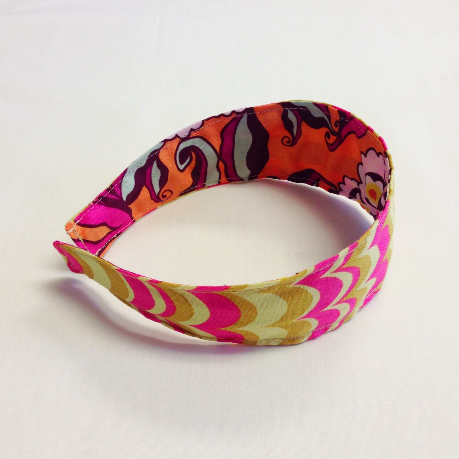 Reversible Fabric Covered Headband - Pink/Green and Orange