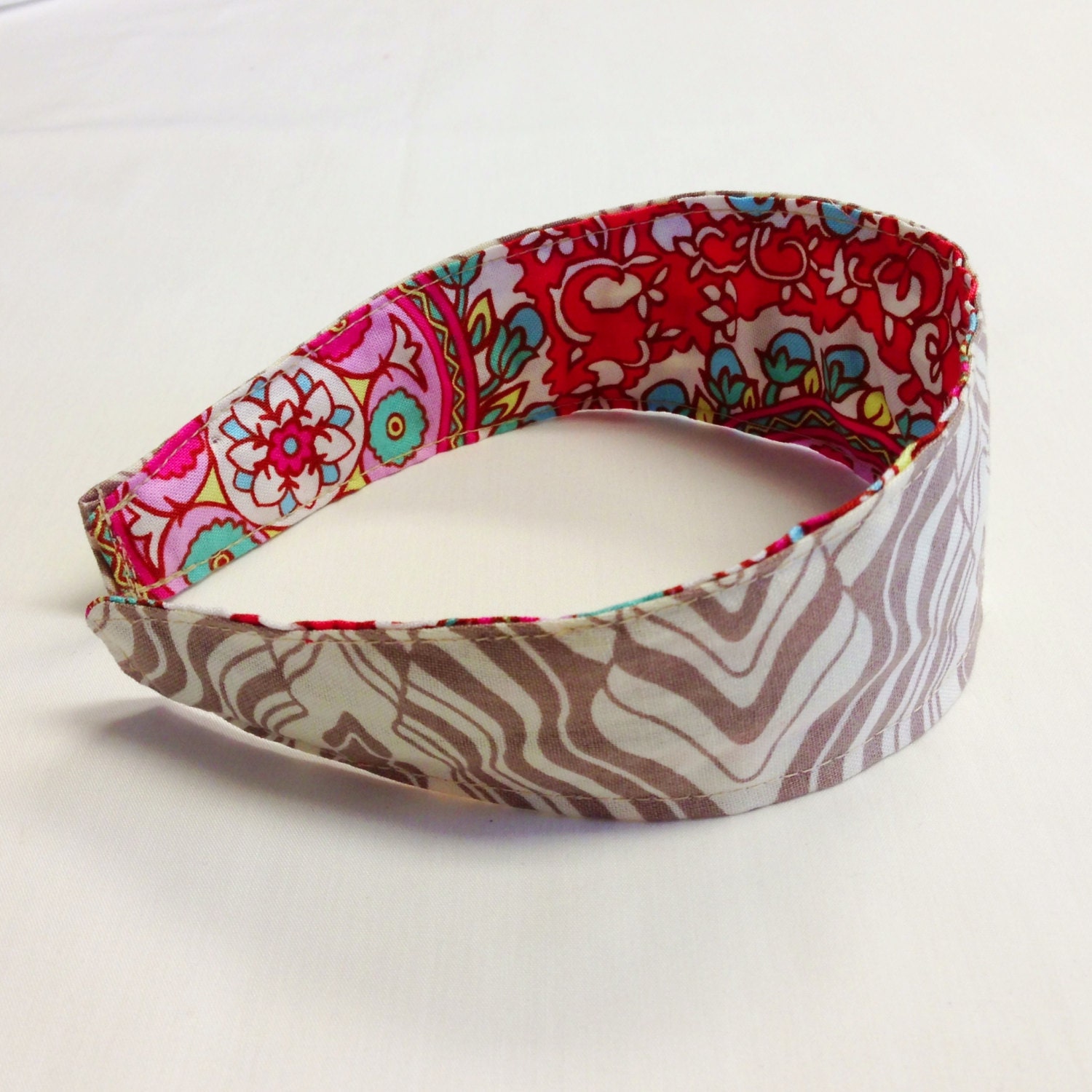 Reversible Fabric Covered Headband - Grey Retro Stripe and Pink Floral