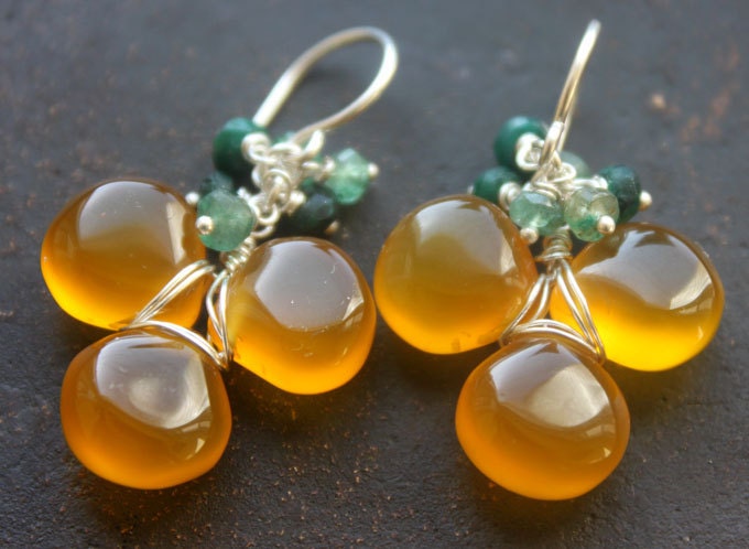 Golden Yellow Chalcedony n Emerald Sterling Earrings- Handmade (er26.13)