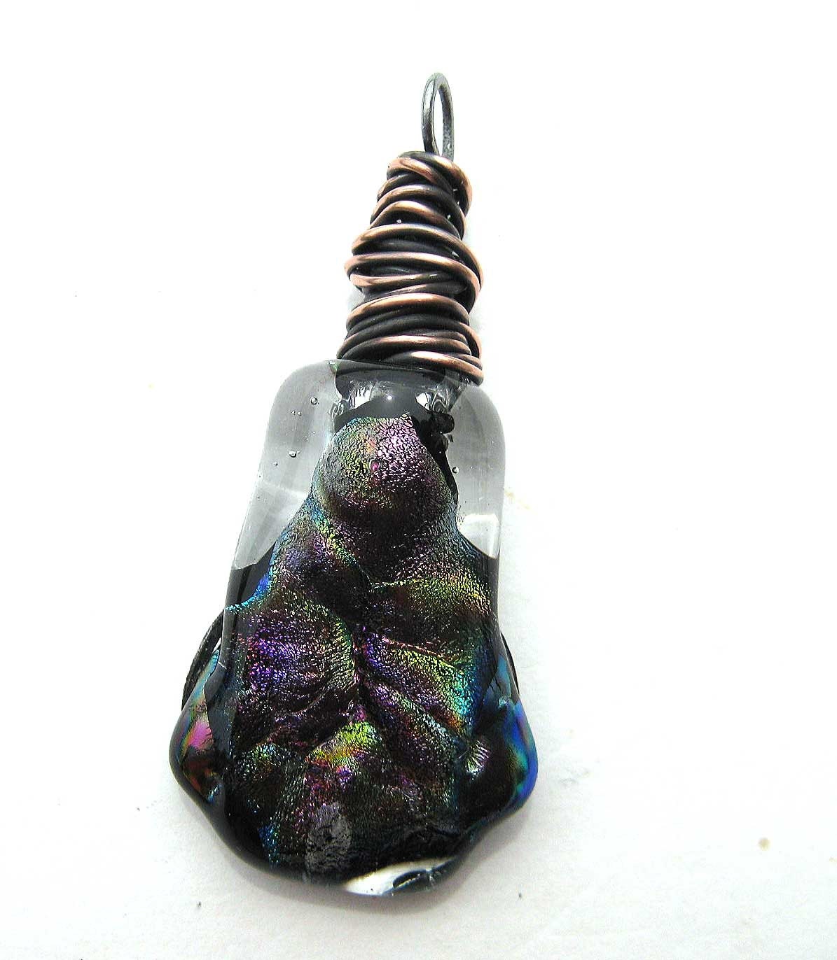 Handmade Fused Dichroic Pendant with Copper Wrap