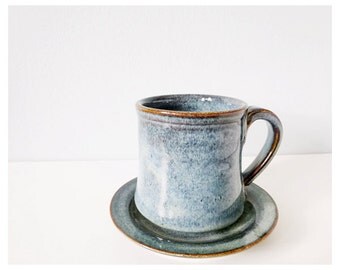 Blue pottery cup and saucer - mug and matching plate - rustic ceramic dish set