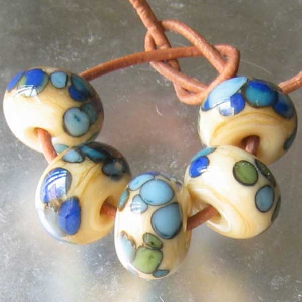 Beach Glass Trail 5 Lampwork Spacer Handmade Glass Beads Ivory Blue
