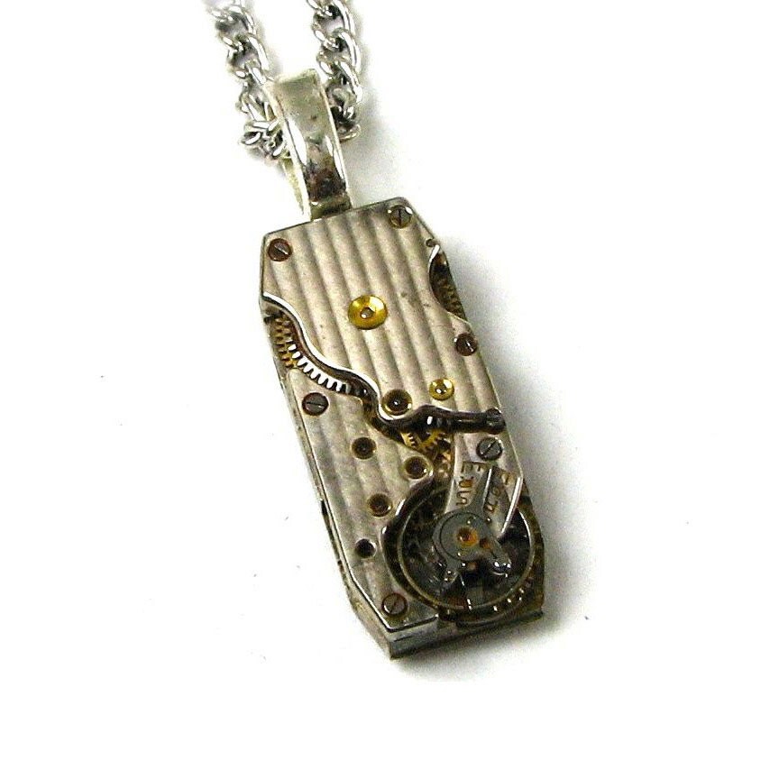 Steampunk Necklace Vintage Watch Movement Pendant with REAL Ruby Jewels Sleek Stylish UNIQUE Shape by Nouveau Motley