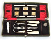 Antique Sewing Set Case Victorian Bone Tools Needles Scissors Stiletto Crochet Hook FISH Thread Winder Circa 1890
