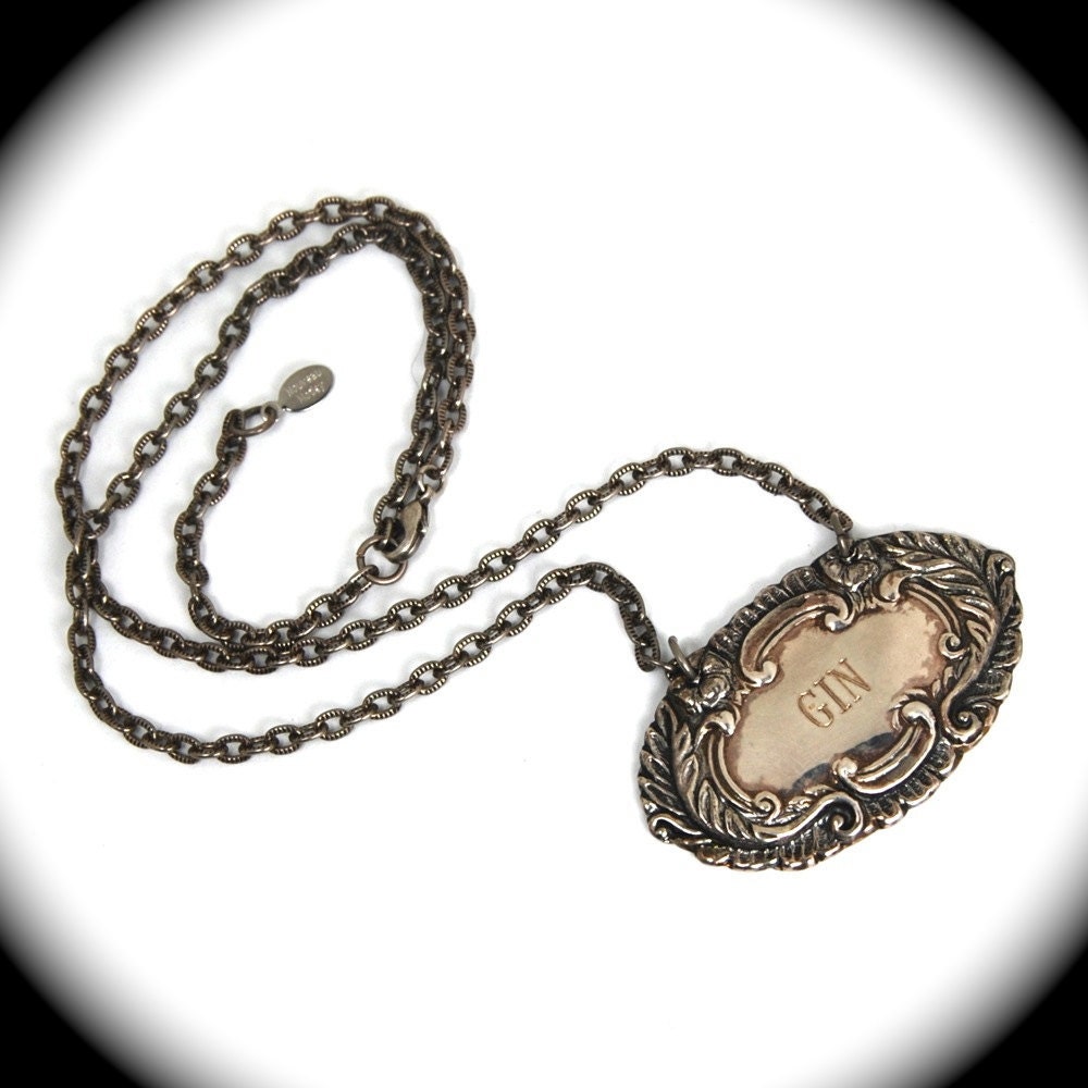 GIN Solid STERLING SILVER Liquor Label Necklace Victorian Flourish Design by Nouveau Motley
