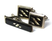 Vintage Black Glass and White Rhinestone Cufflinks Tie Bar Set Silver Tone Circa 1950