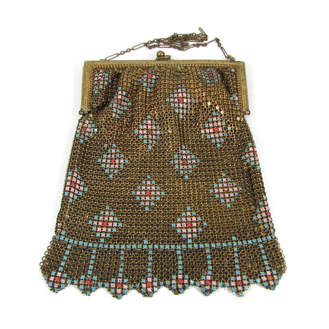 SALE Art Deco Mesh Bag Enameled Metal Purse Turquoise Brass Pink Red and Black CIRCA 1920s