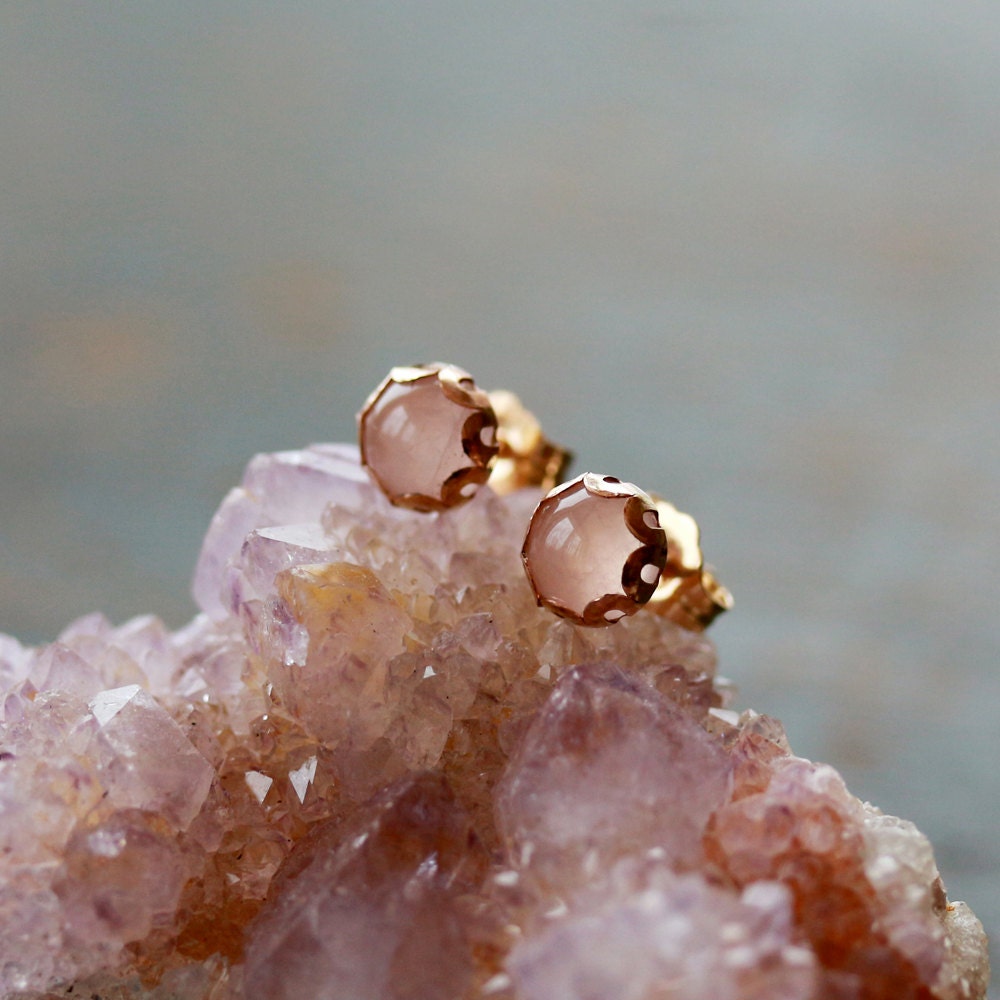 Ballerina Stud Earrings Rose Quartz Gemstone Scalloped Post Goldfilled Elegant Handmade Jewelry