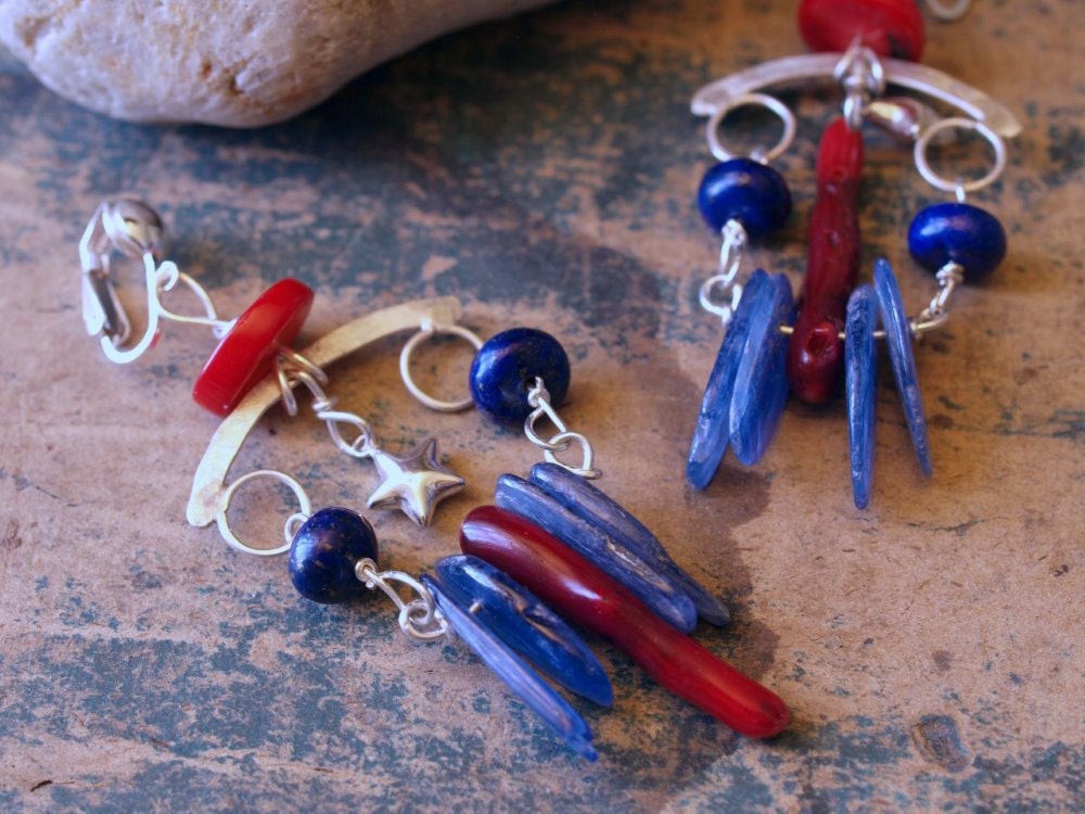 Red, White and Blue Patriotic Clip-on chandelier Earrings with coral, lapis, kyanite, and sterling silver stars