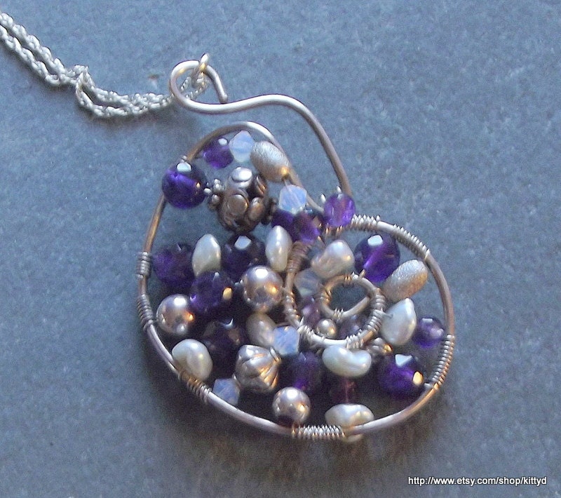 Hand Forged Nautilus Seashell Pendant Sterling Wire Wrapped Gemstone Amethyst and Pearl