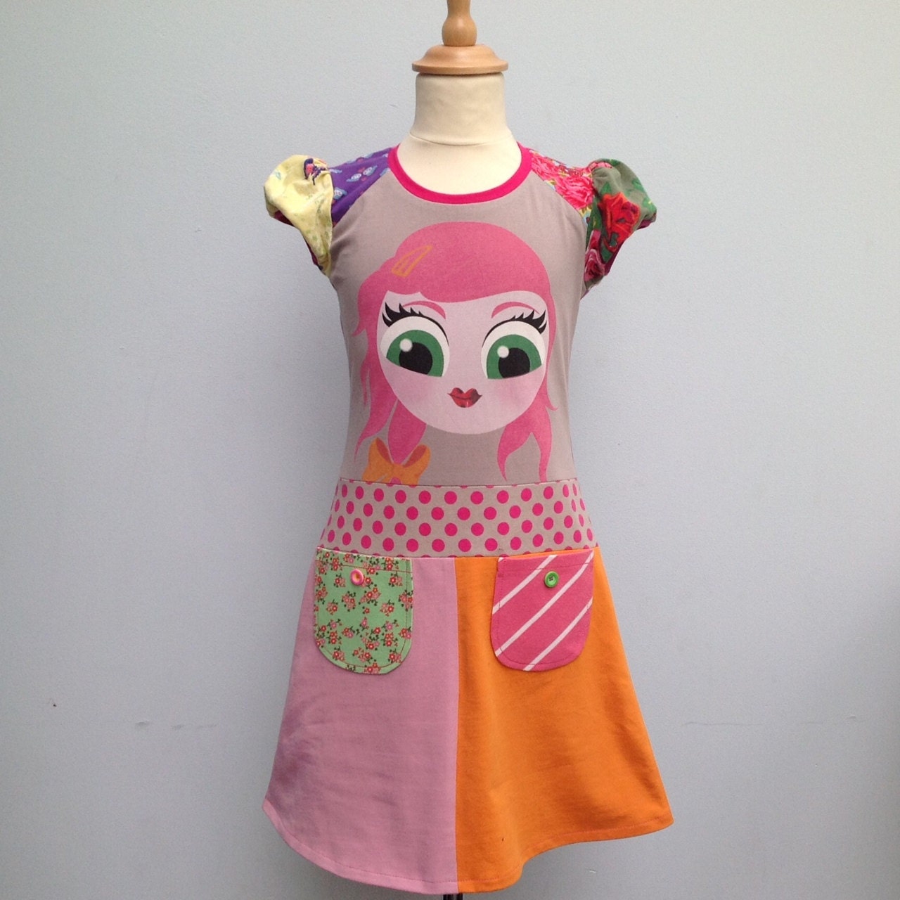 Upcycled  Girls Dress face Handmade Recycled Dress Repurposed Pieced Tunic size 8