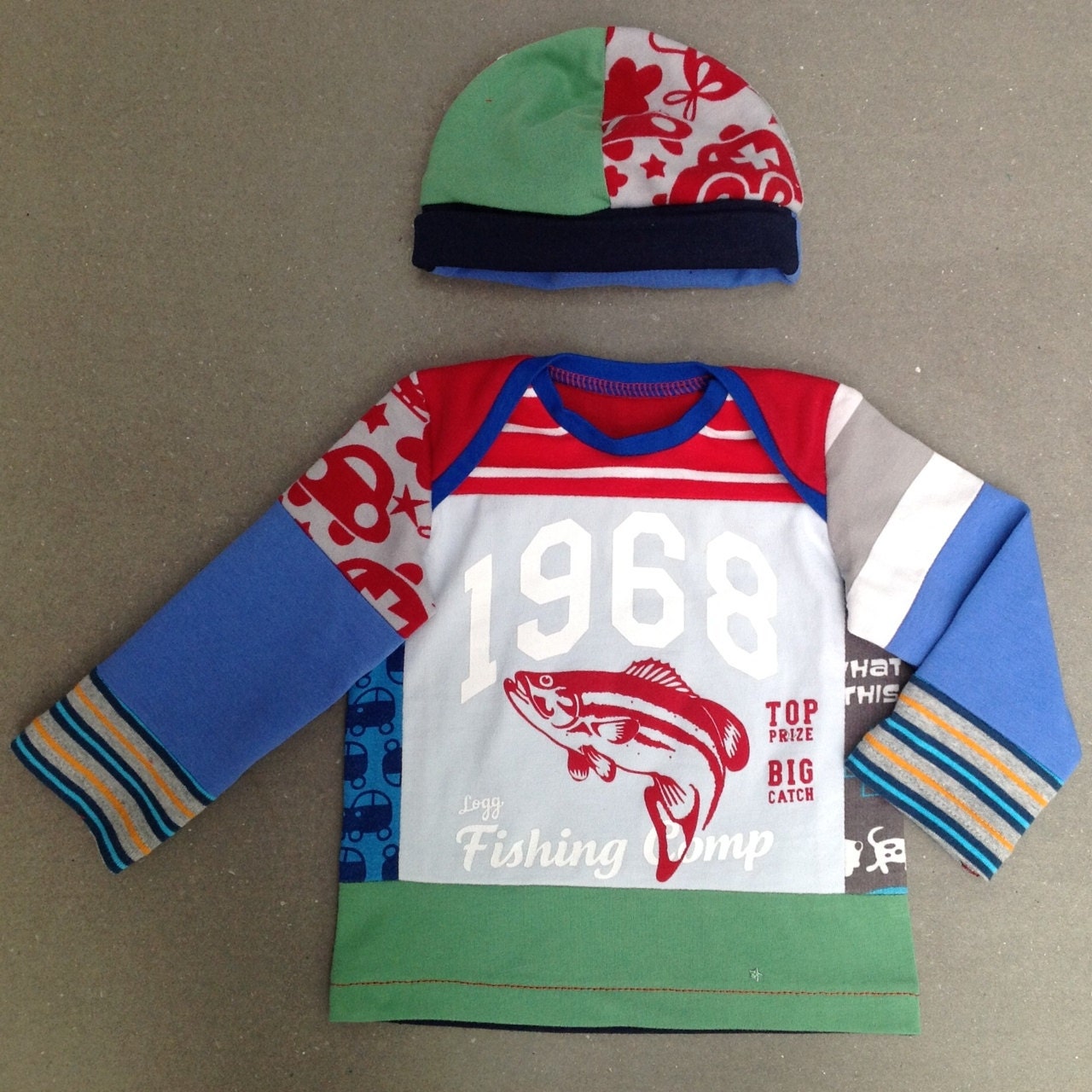 Upcycled baby boys T-shirt and hat set size 2 up to 4 months