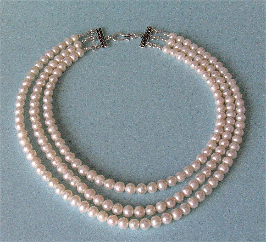 3 Strand Pearl Necklace with Lovely Sterling Silver Hook Clasp