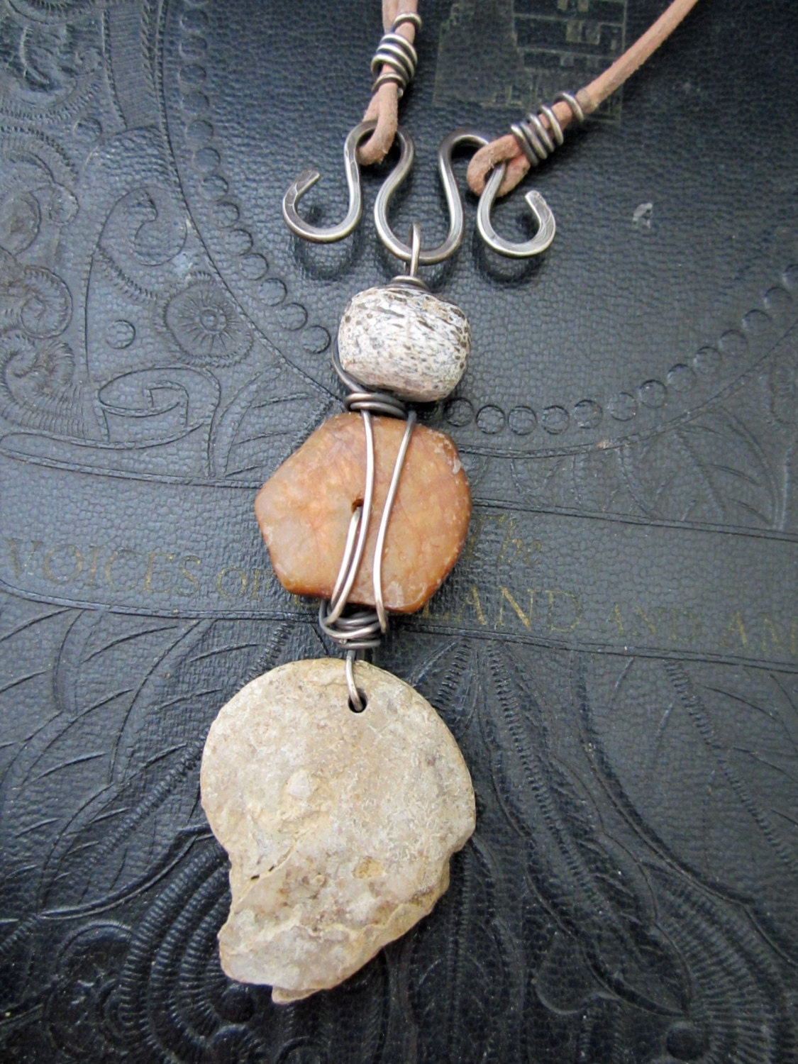 Genuine Fossil Necklace Mastodon Bone Ruby and Ammonite Silver