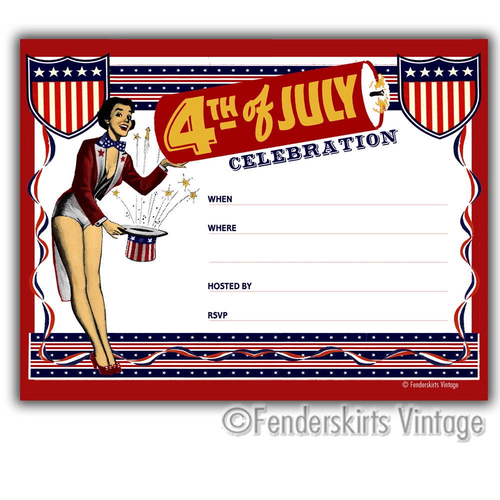 Retro Patriotic Gal 4th of July Party Invitations INSTANT Digital Download Printable