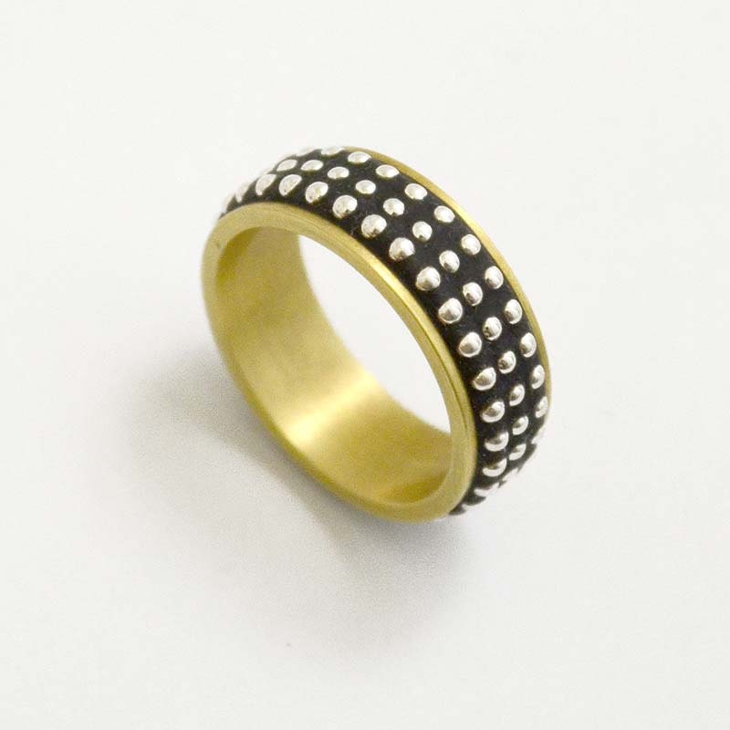 Brass and Sterling Bead Ring size 6 inlaid with polymer clay and sterling silver beads