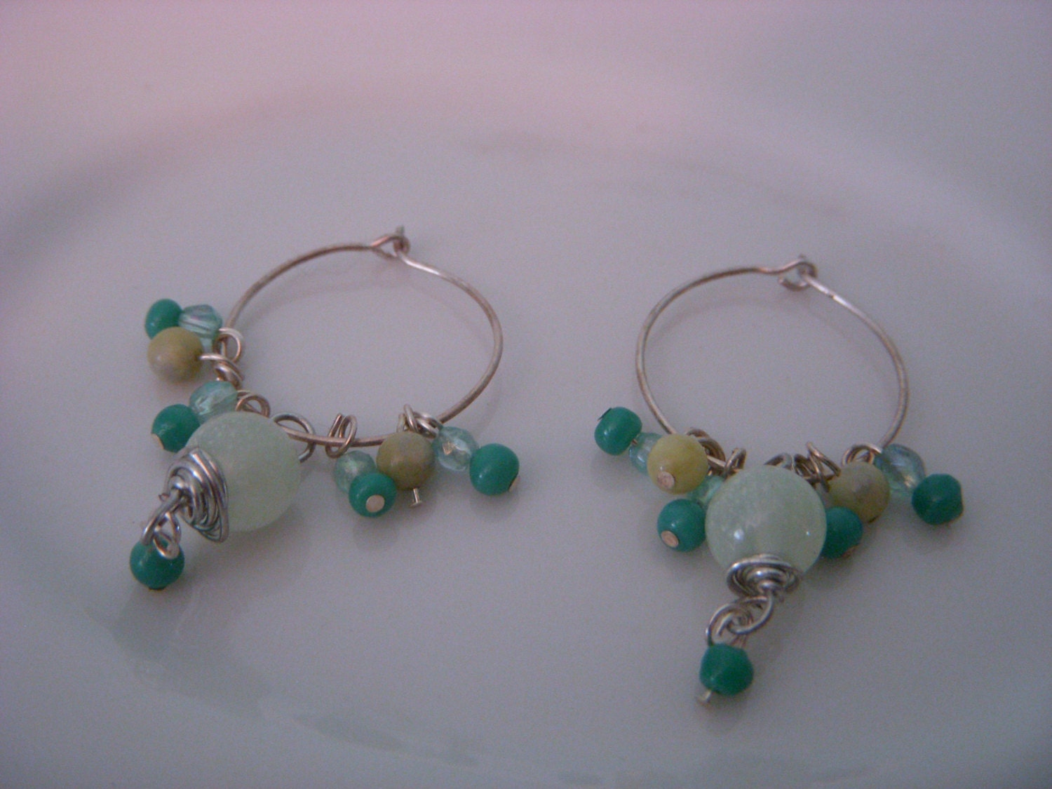 Dainty Beaded Hoop Earrings Teal and Aqua, 3/4 inch