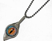 Glass Eye Pendant - Handmade Wire Wrap Blue Fire Taxidermy Glass Evil Dragon Eyeball