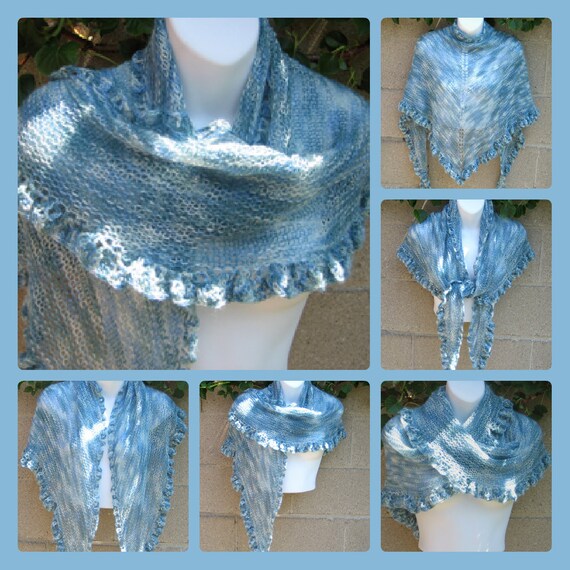 Blue Skies Knit Shawl Wrap - Pastel Crochet Wool Lace Ruffles - Bridal Wedding Something Blue