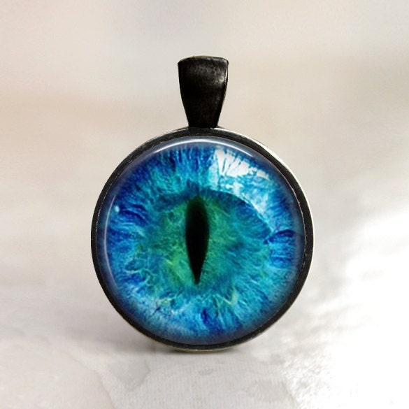 Blue Cat's Eye  - Glass Pendant in a Black Bezel Setting - 25mm or 1 Inch round