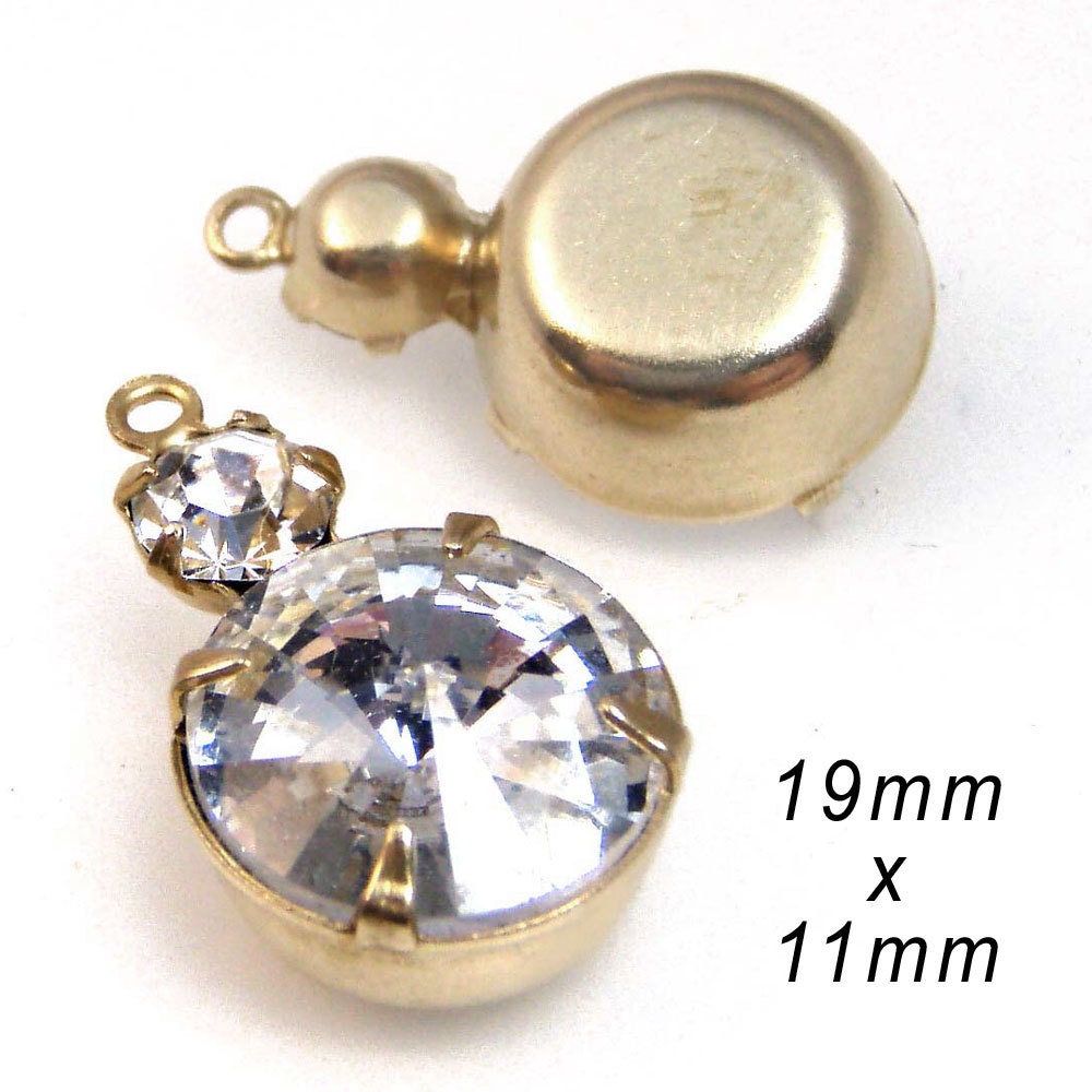 Crystal Rhinestone Duo Charms, Golden Brass Prong Settings, 19mm x 11mm, Multi Stone, Glass Jewels, One Pair