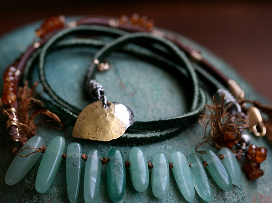 Green Suede And Brass Heart Wrap Bracelet