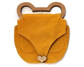 Bear Bag Teddy ears - oak wooden handle clutch - mustard yellow - vintage flower