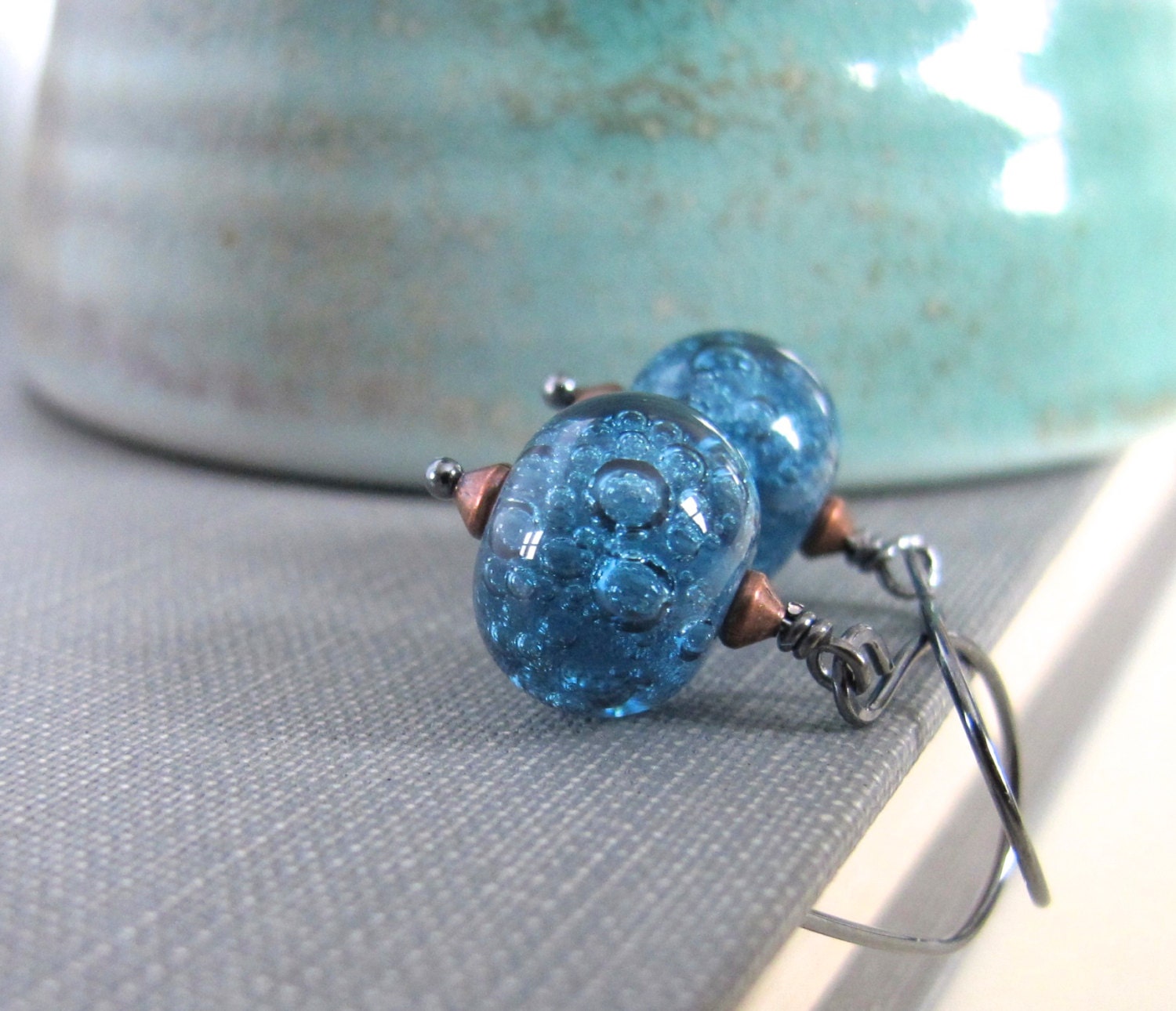 Silver Earrings, Denim Blue Glass, Glass Earrings, Beaded Earrings, Bubble Glass, Silver Jewelry, Glass Jewelry, Modern Jewelry