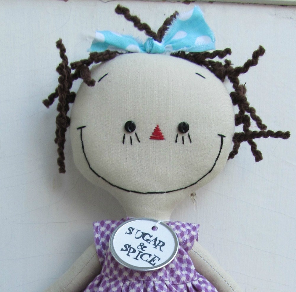 handmade cloth doll brunette lavender and aqua with striped tights and shoes