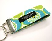 Fabric Mini Key Fob - teal floral flower on green