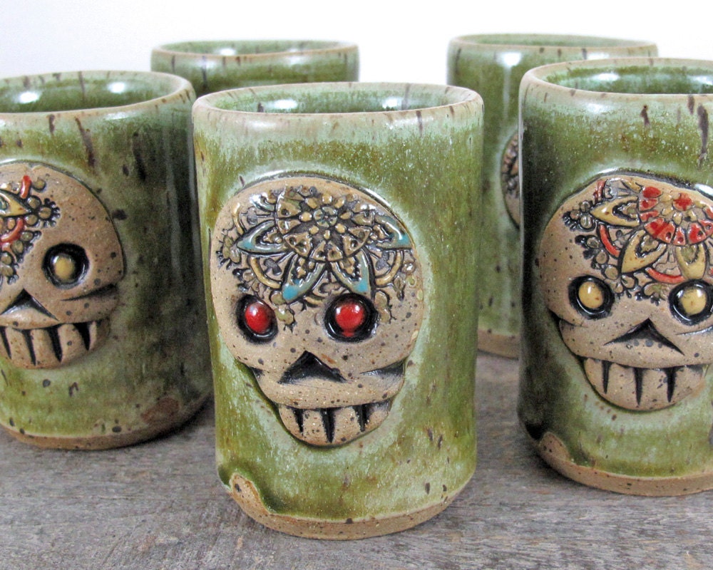 Skully Shot Glass - Moss Green - Emerald Green - Skeleton Barware - Stoneware Handmade one of a kind