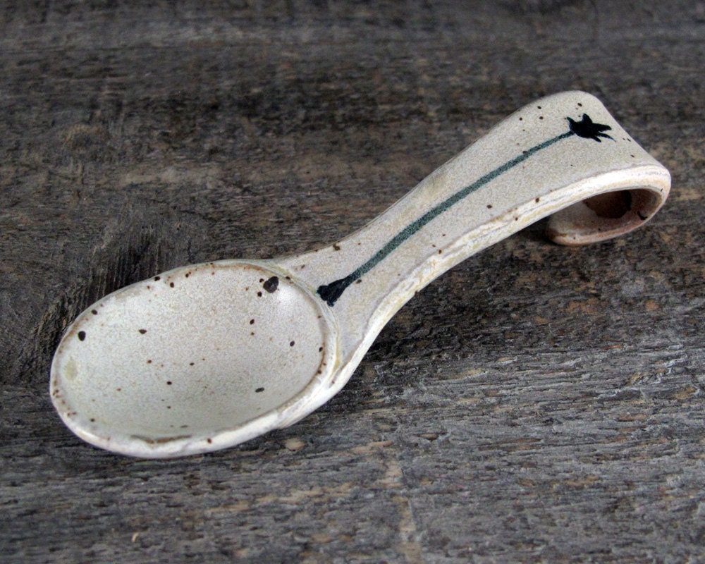 Tulips Ceramic Spoon - Handmade Pottery Spoon with Flower Silhouettes - Black and White - Small