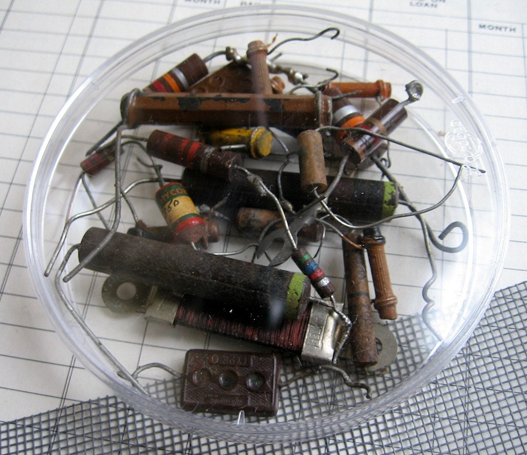 Browns and Components Mix  Found Vintage Electronic Parts Resistors Capacitor Steampunk Industrial Altered Art Assemblage Supplies