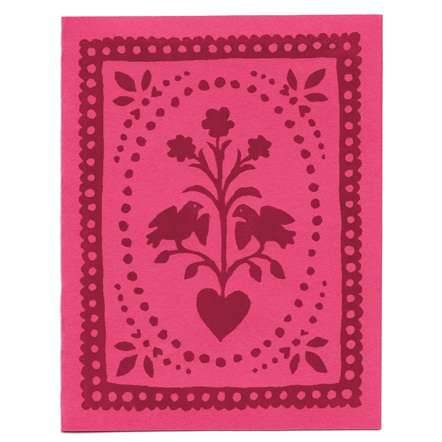 hand-silkscreened pink folk art cards, set of five cards with envelopes
