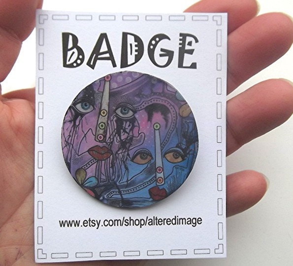 Quirky Badge Handmade Quirky Outsider Art Lowbrow Purple Faces Portrait Hip Hipster