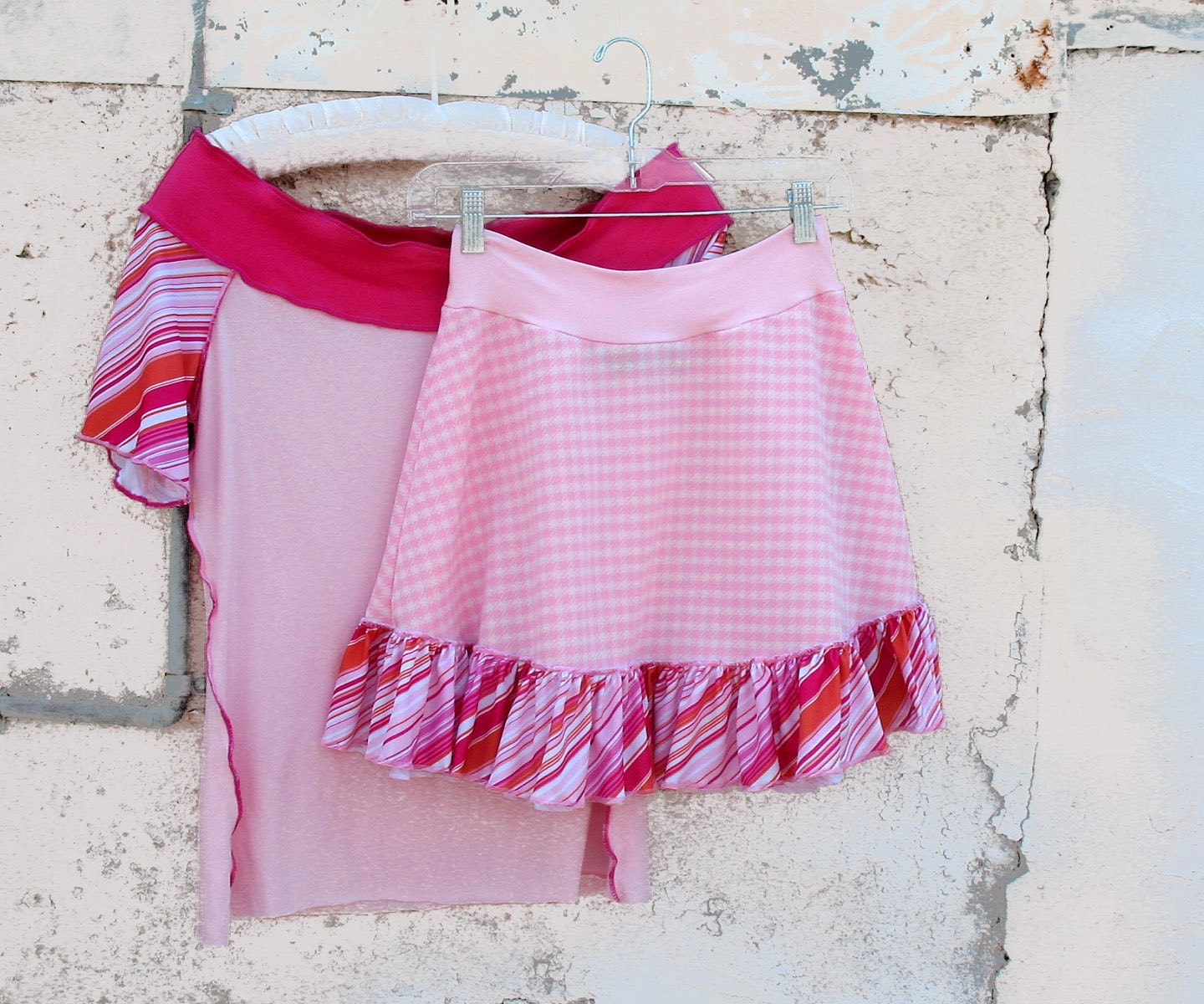 Salt Water Taffy Skirt  vintage 1970s fabric doubleknits Gingham Pink Checks Striped clothing ruffle skirt Spring upcycled clothing