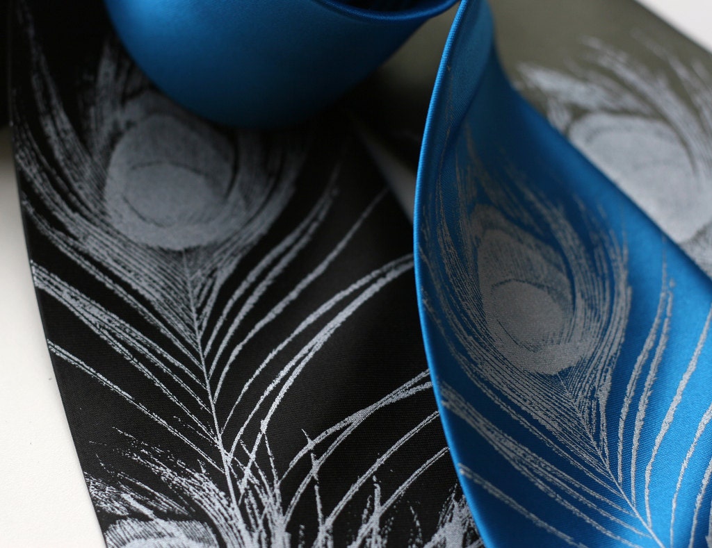 Peacock Feather men's silkscreened silk necktie. Screen printed tie. Choose standard or narrow. Silver ink