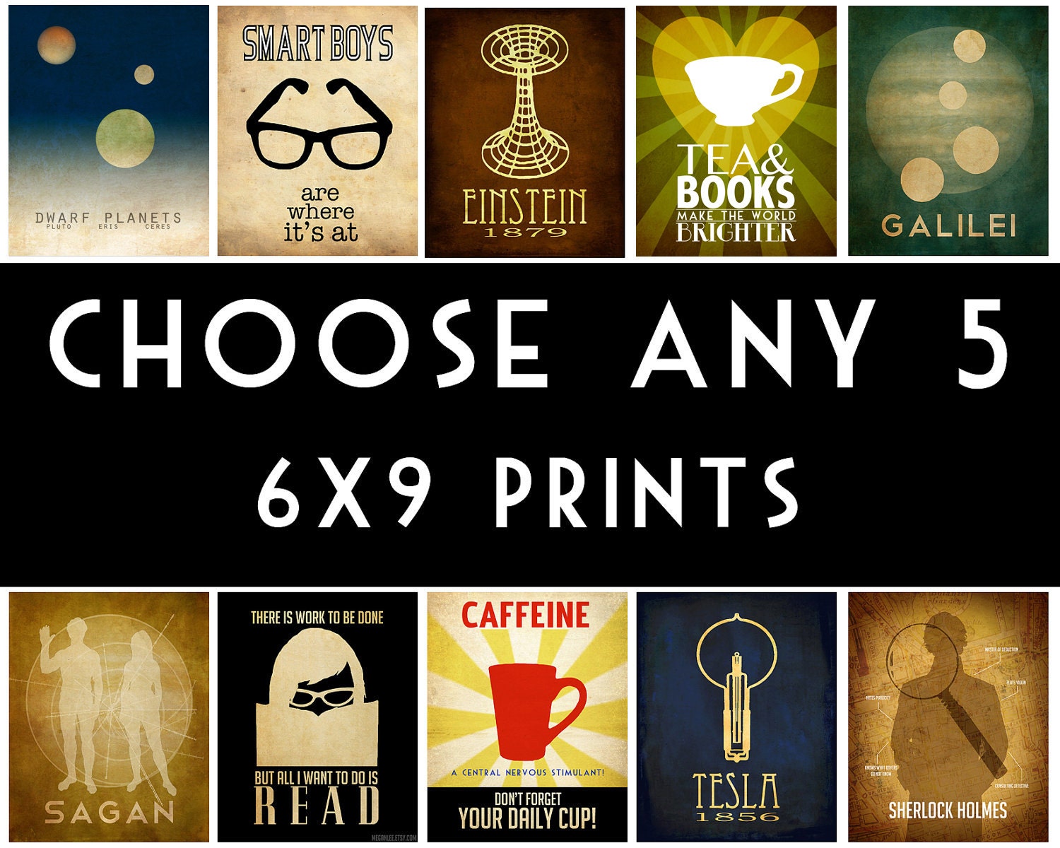 Five 6x9 Geek Chic Art Prints - Science Art, Astronomy Poster, Reading Book Art, Rock Star Scientist Poster, Coffee Art, Tea Print