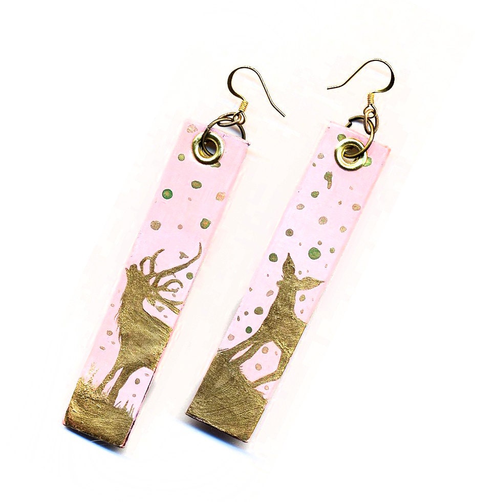 Softly Falling - Gold Metallic and Pink painted deer earrings also in Blue & Silver