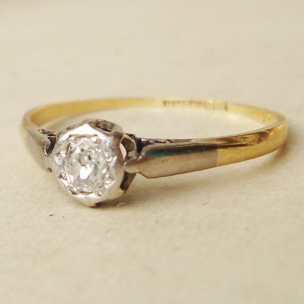 Art Deco Diamond Solitaire Engagement Ring, Diamond Platinum & 18k Gold Wedding Ring Approx. Size US 7.75