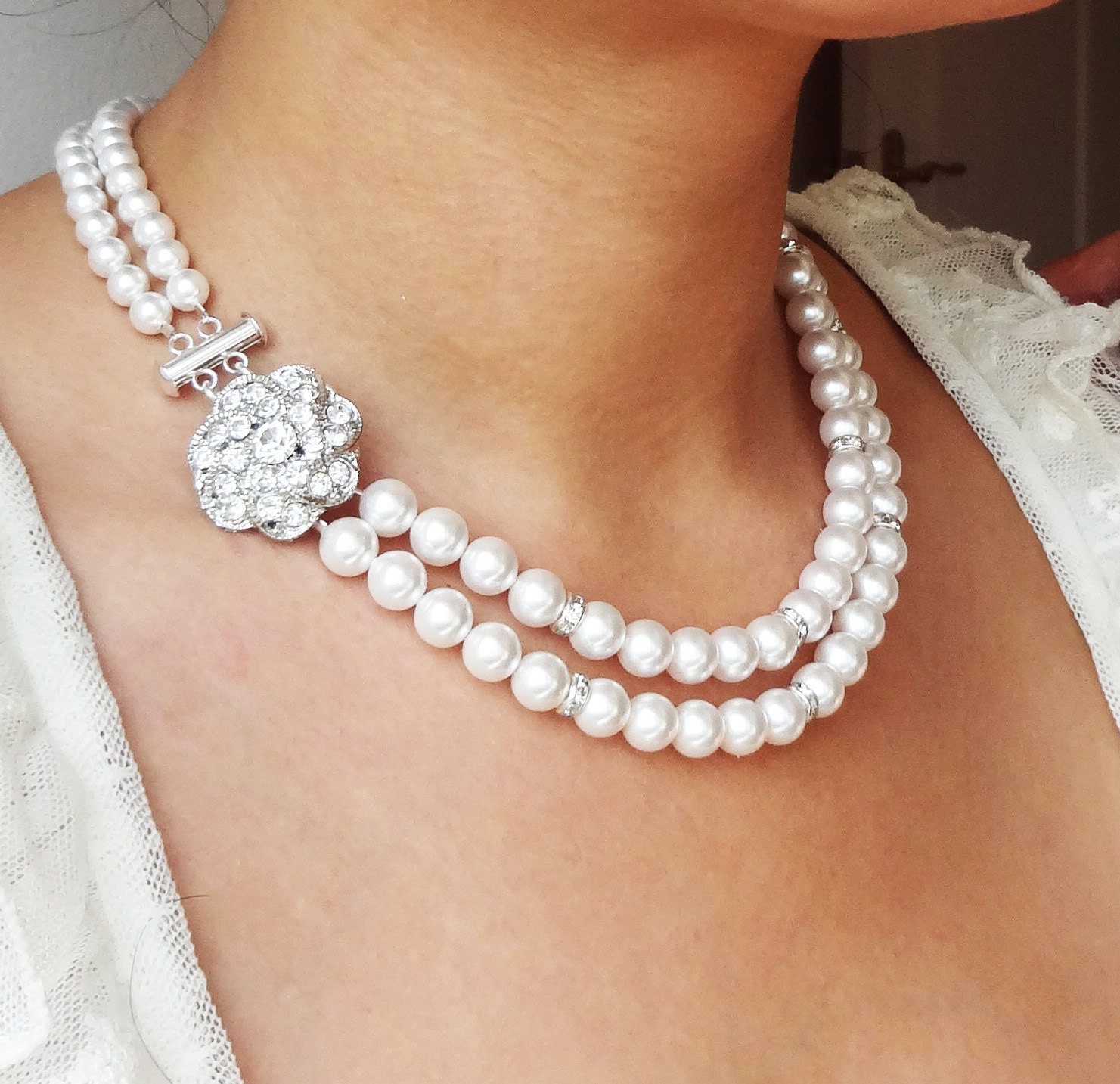 Vintage Style Pearl Bridal Necklace, Old Hollywood Pearl Wedding Necklace, Art Deco Style Bridal Jewelry, Madeline