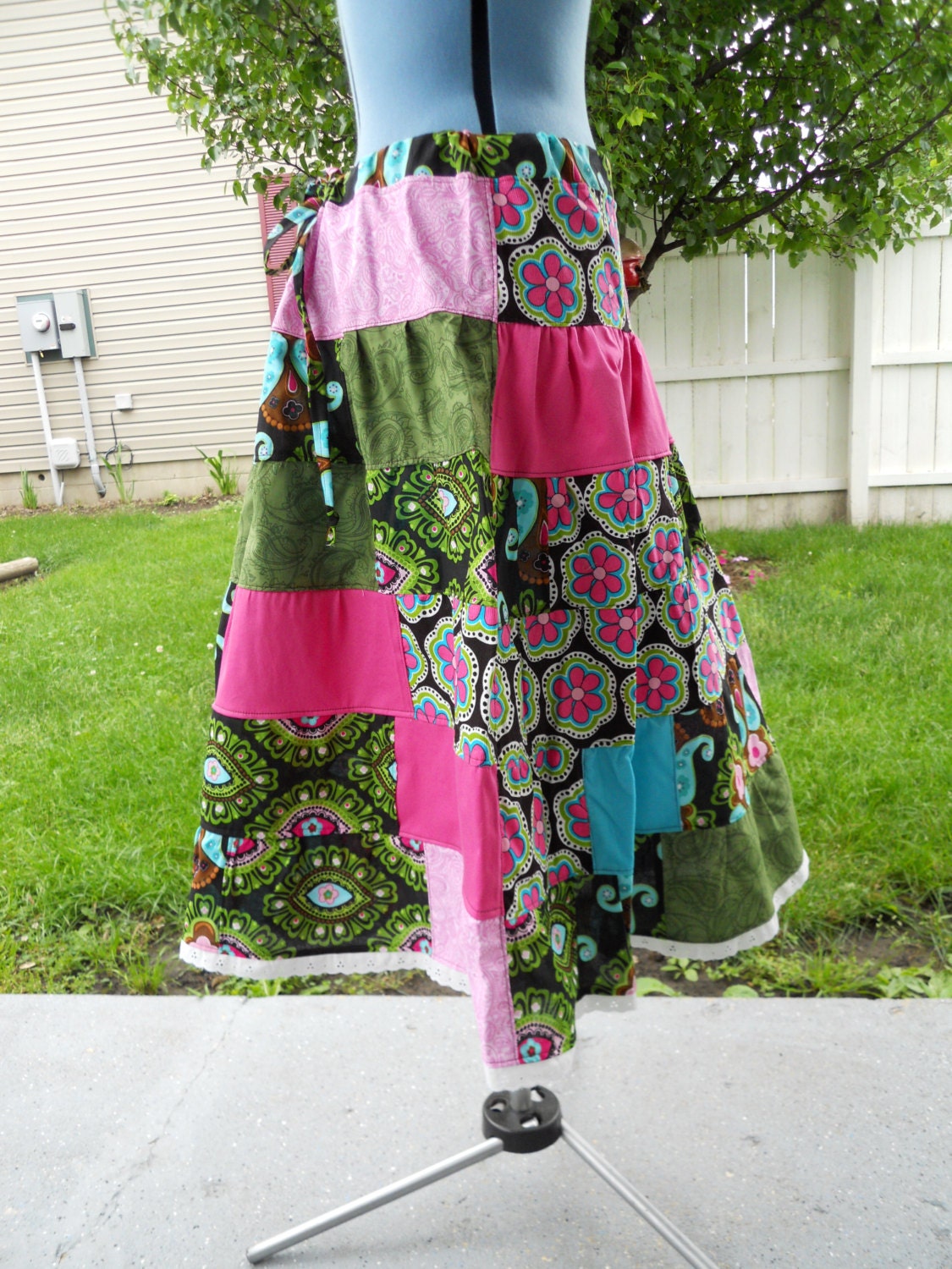 Eyes of the World Tiered Patchwork A-line Knee Length Skirt Hippie Clothes