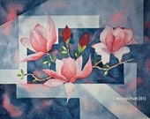 Magnolia Tree ORIGINAL 12x16 spring bloom blooming branch pink blue Watercolor Painting by Melanie Pruitt EBSQ