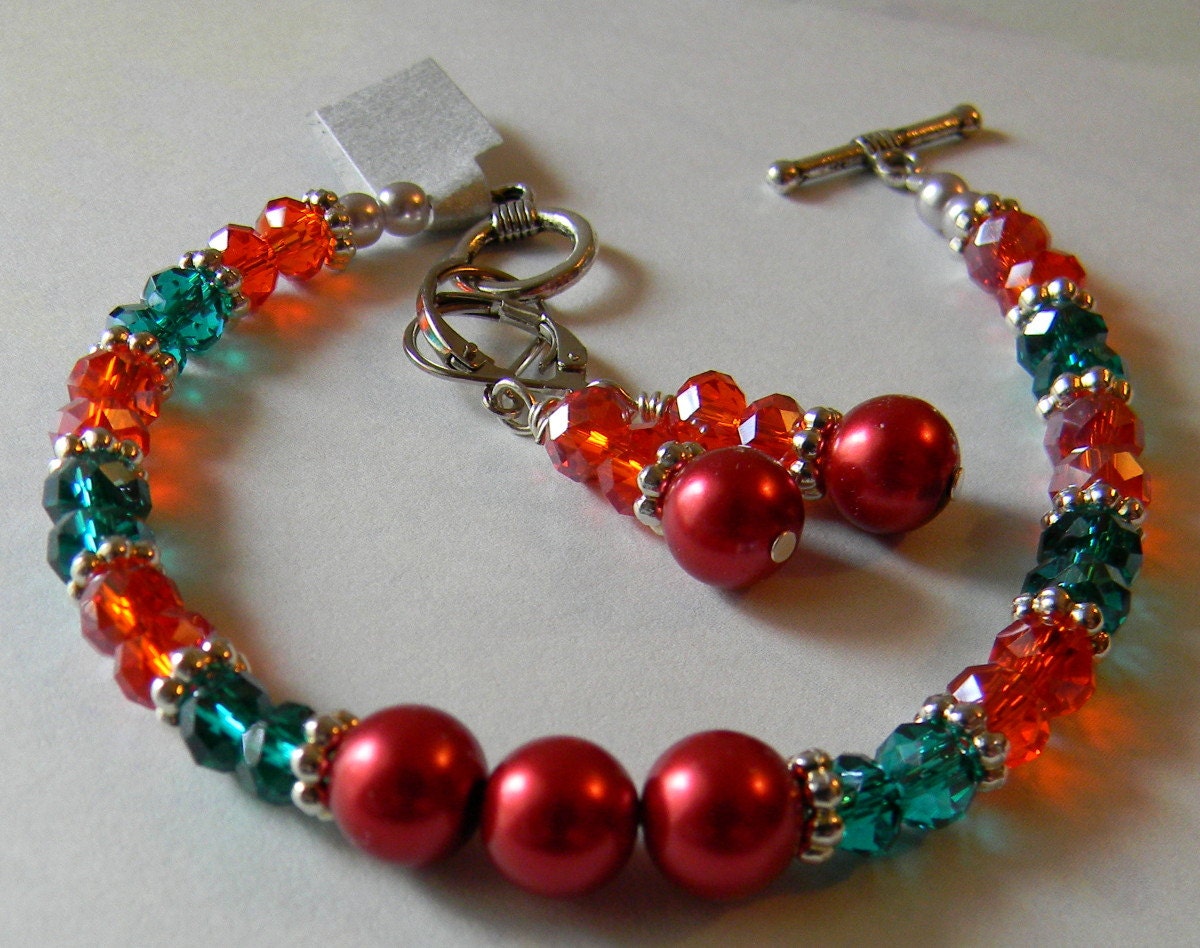 SALE Crystal and Pearl Bracelet and Earrings Red and Green with Silver