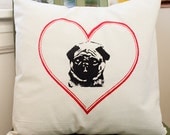 Pug Heart Pillow Cover, Valentine, original design screenprint, Natural Muslin cotton fabric - fits 12x12 pillow - pet home decor