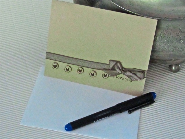 Love card stamped blank in brown with taffeta ribbon handmade I love you stationery greeting card home and living