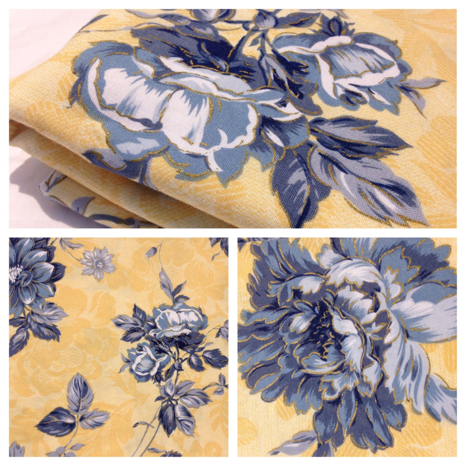 Reclaimed Floral Fabric -Blue and Yellow Garden