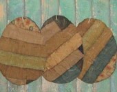 Primitive Easter Egg Ornaments - Grungy Tattered Egg Ornies - blue tan sage brown log cabin quilt - large - set of 3