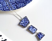 Broken Plate Pendant on Chain - Blue Calico 3 Piece Drop - Recycled China