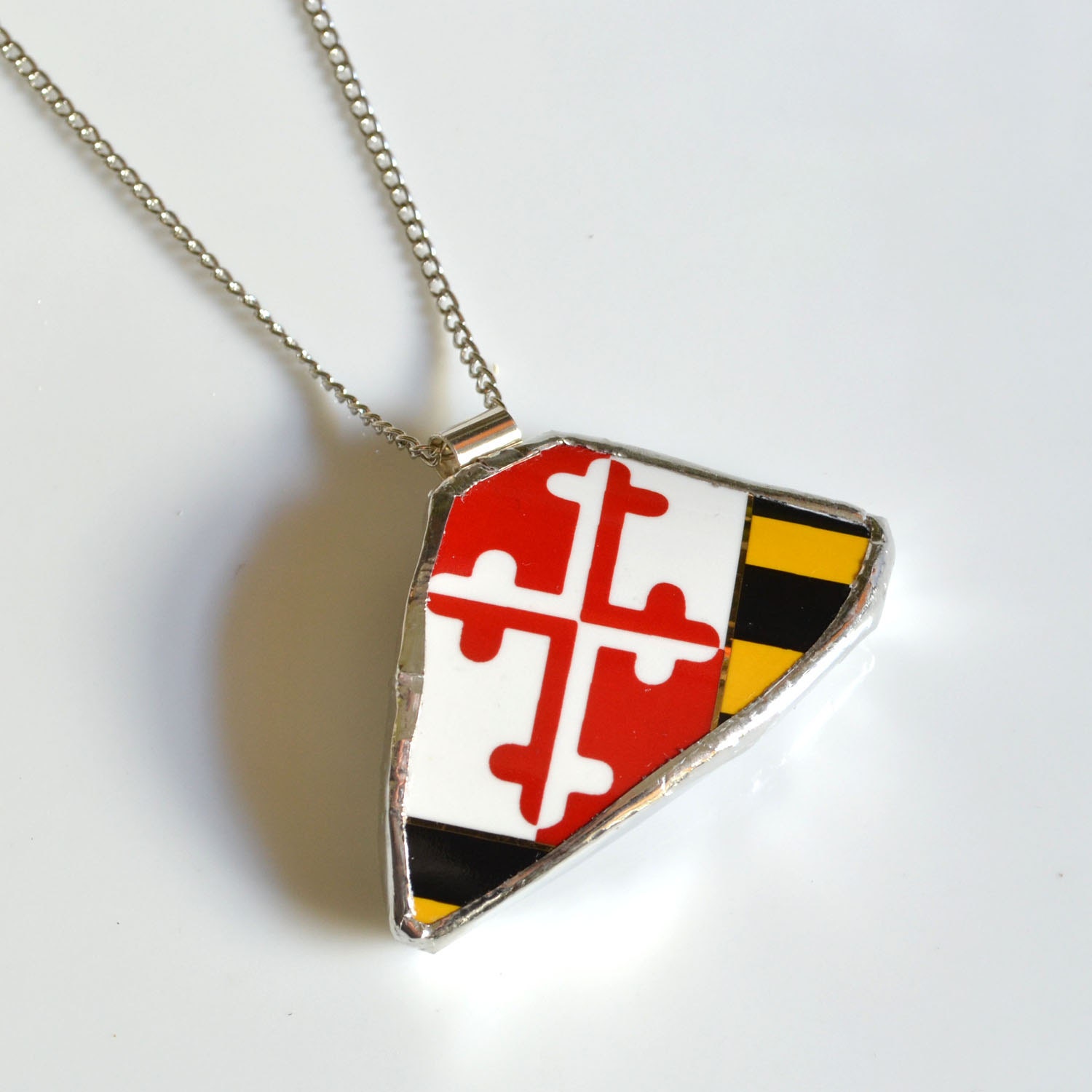 Broken Plate Pendant on Chain - Maryland Flag - Recycled China